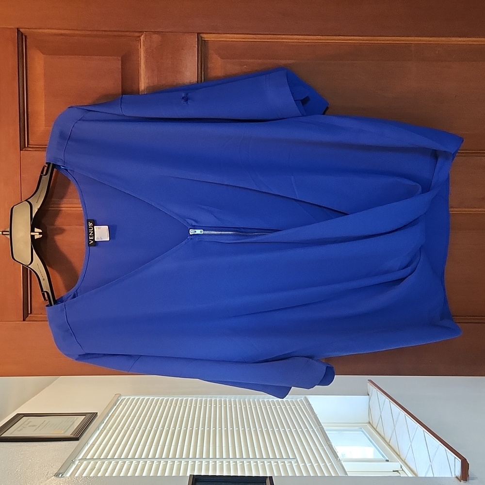 VENUS Cobalt V-Neck Draped Zip Front Blouse